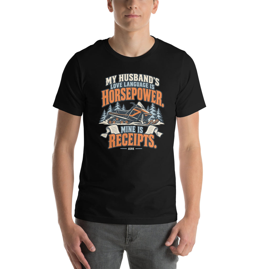 Front view of D062 My Husband’s Love Language Is Horsepower Mine Is Receipts tee