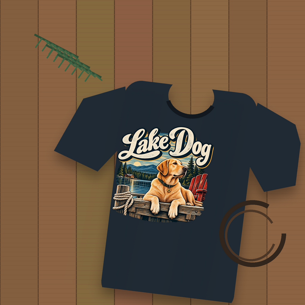 Lake Dog Adirondack lifestyle flat-lay tee mockup