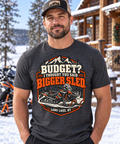 Man wearing Long Lake Bigger Sled tee at snowy Adirondack lodge