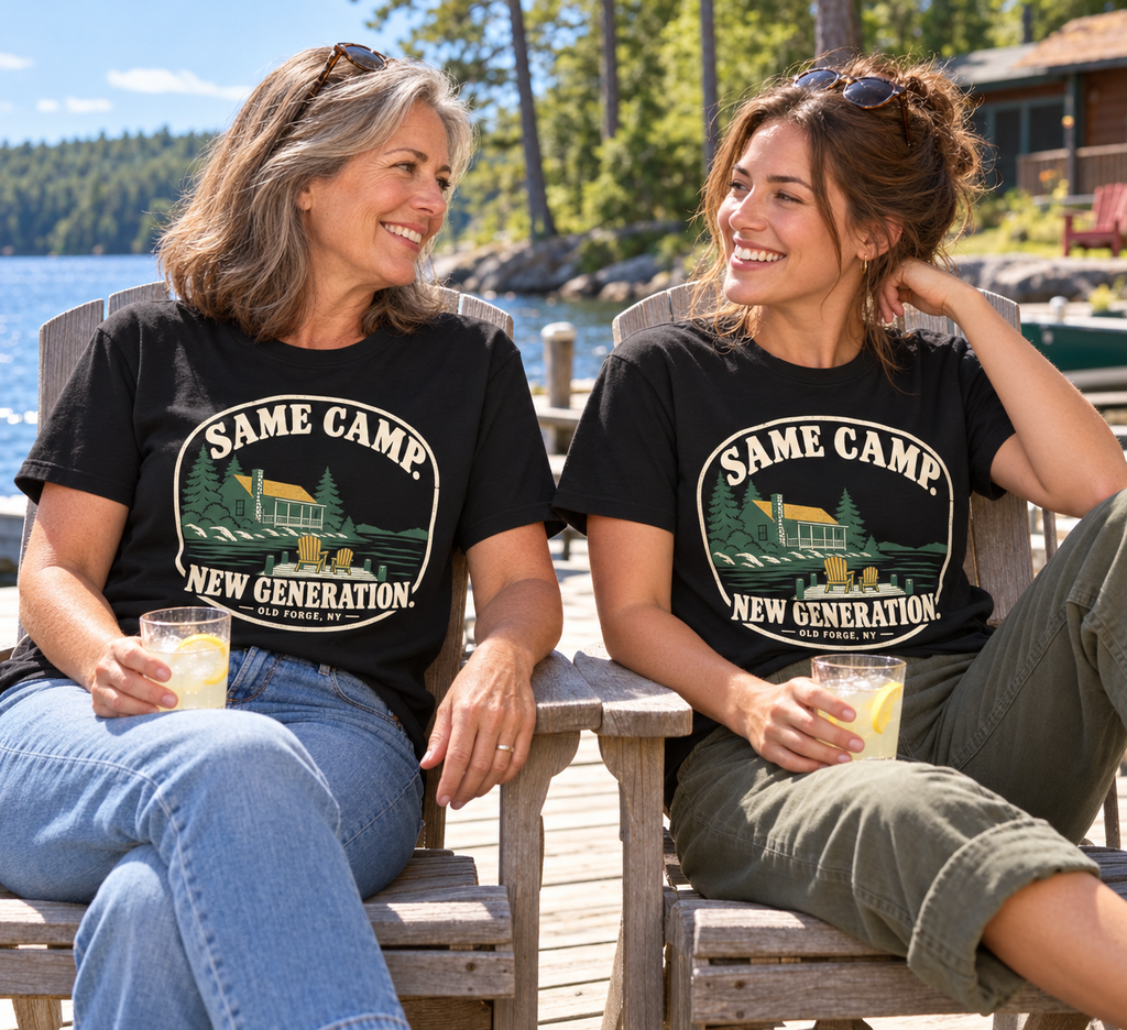 Mother and adult daughter enjoying lemonade on the dock in matching Same Camp New Generation Old Forge tees