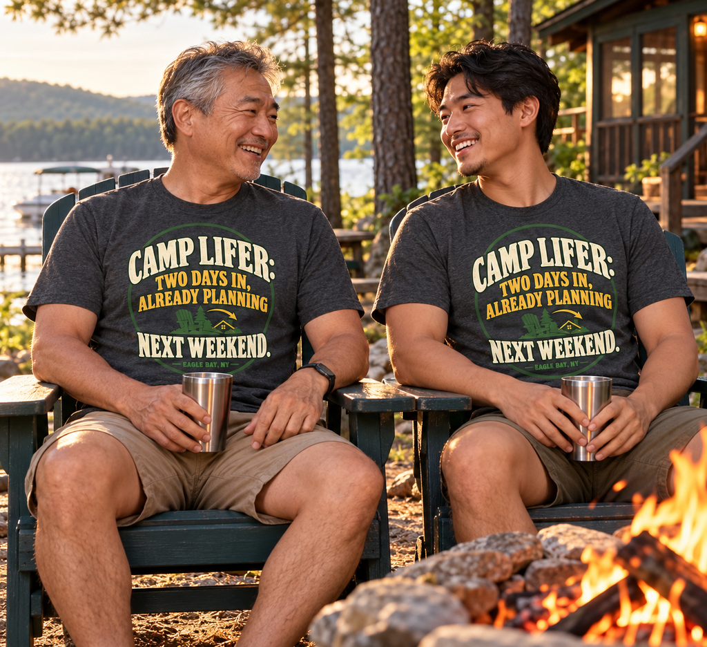 Father and adult son wearing Eagle Bay Camp Lifer tees by the campfire