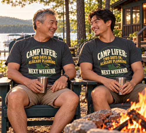 Father and adult son wearing Eagle Bay Camp Lifer tees by the campfire