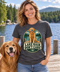 Woman wearing Lake Hair Don't Care Old Forge tee beside a golden retriever on an Adirondack dock