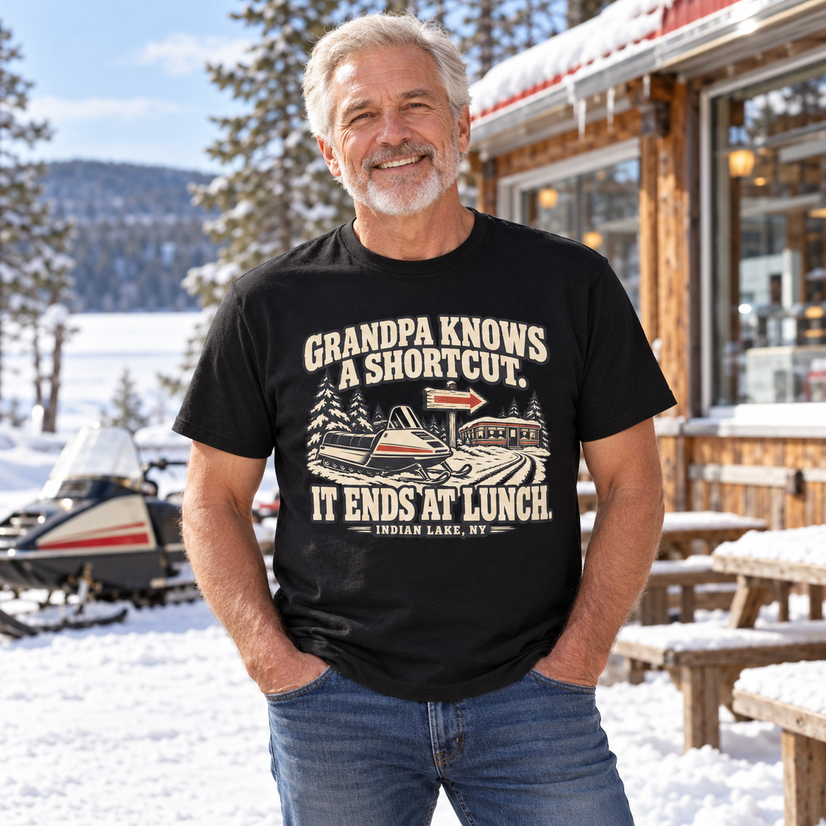 Older rider wearing Grandpa Knows a Shortcut It Ends at Lunch Indian Lake tee outside a snowy diner.