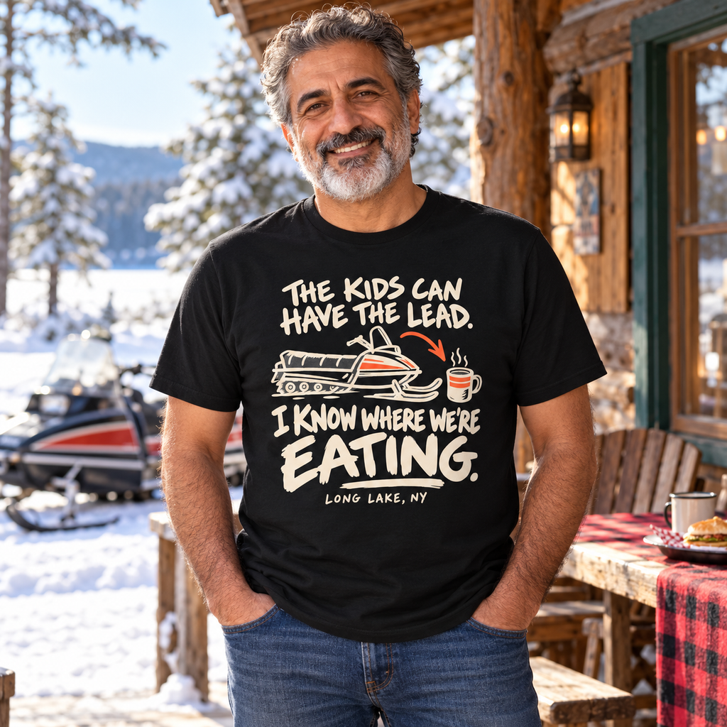 Older rider wearing The Kids Can Have the Lead I Know Where We're Eating Long Lake snowmobile tee at a snowy cabin lunch stop.