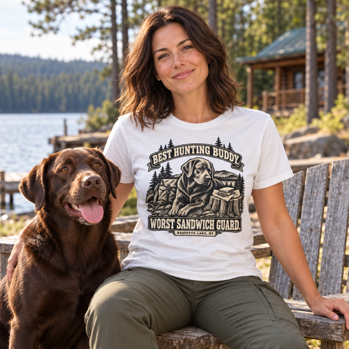 Woman wearing Best Hunting Buddy Worst Sandwich Guard Raquette Lake Labrador tee beside a chocolate Labrador at camp.