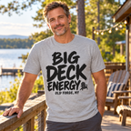 Man wearing Big Deck Energy Old Forge tee on an Adirondack lakeside camp deck