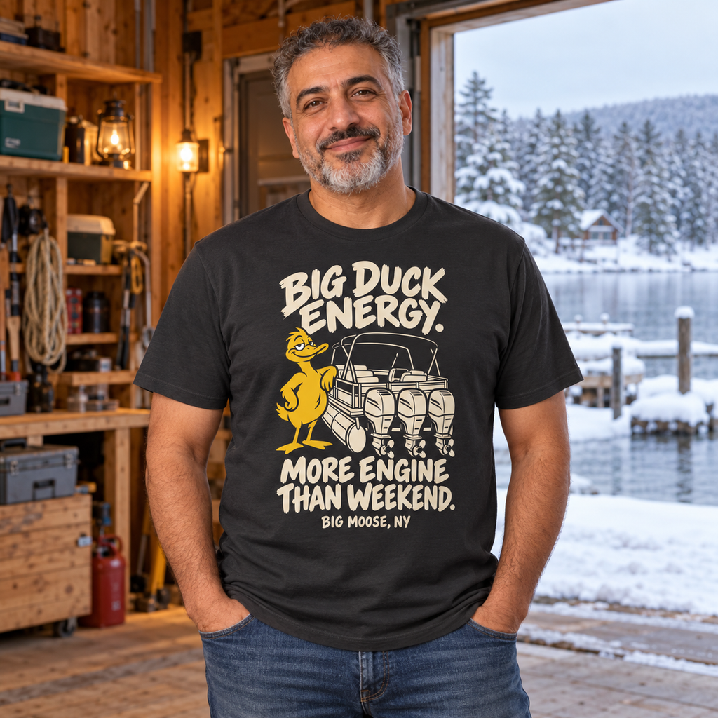 Man wearing Big Duck Energy triple-outboard party barge tee in a boathouse overlooking snowy Big Moose lakeshore