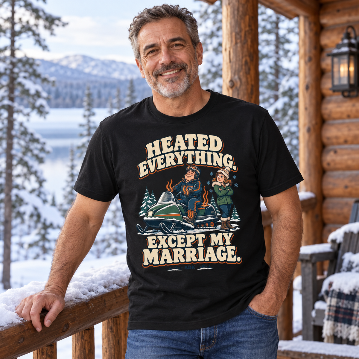 Spanish man in his 50s wearing the Heated Everything snowmobile tee at a snowy cabin