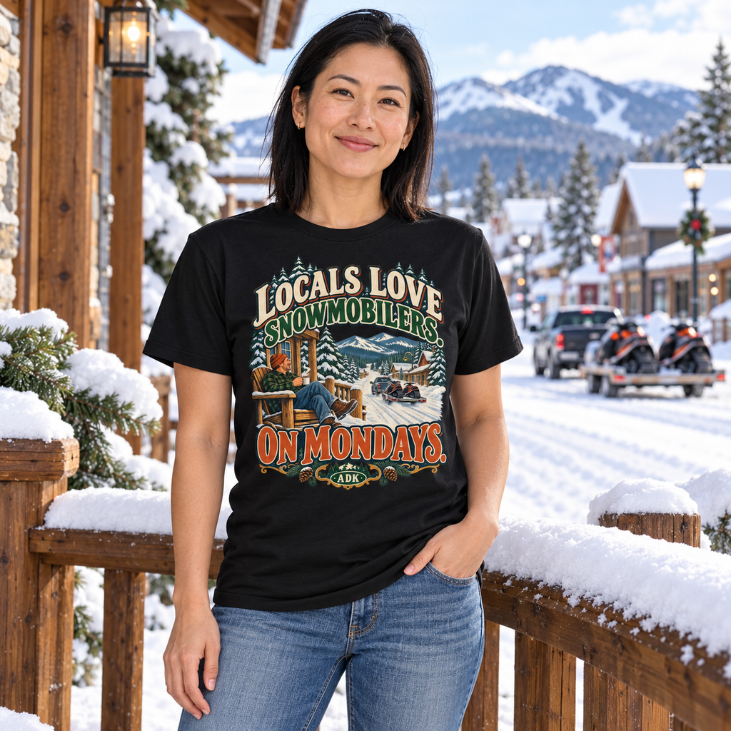 Asian woman wearing Locals Love Snowmobilers On Mondays tee in a snowy Adirondack town