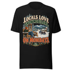 Front of black Locals Love Snowmobilers On Mondays tee showing full design