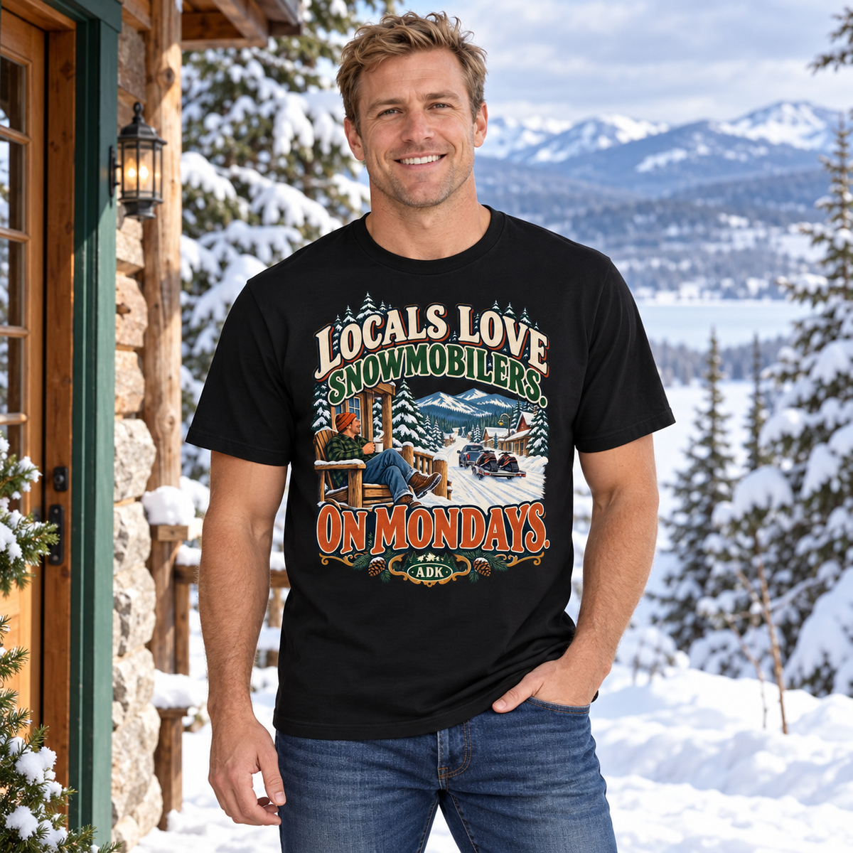 Man wearing Locals Love Snowmobilers On Mondays tee at a snowy cabin