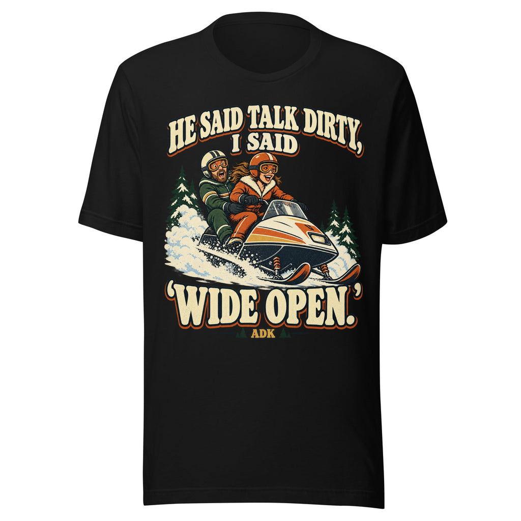 Front of black Wide Open snowmobile tee showing the full vintage cartoon design