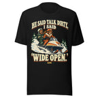 Front of black Wide Open snowmobile tee showing the full vintage cartoon design