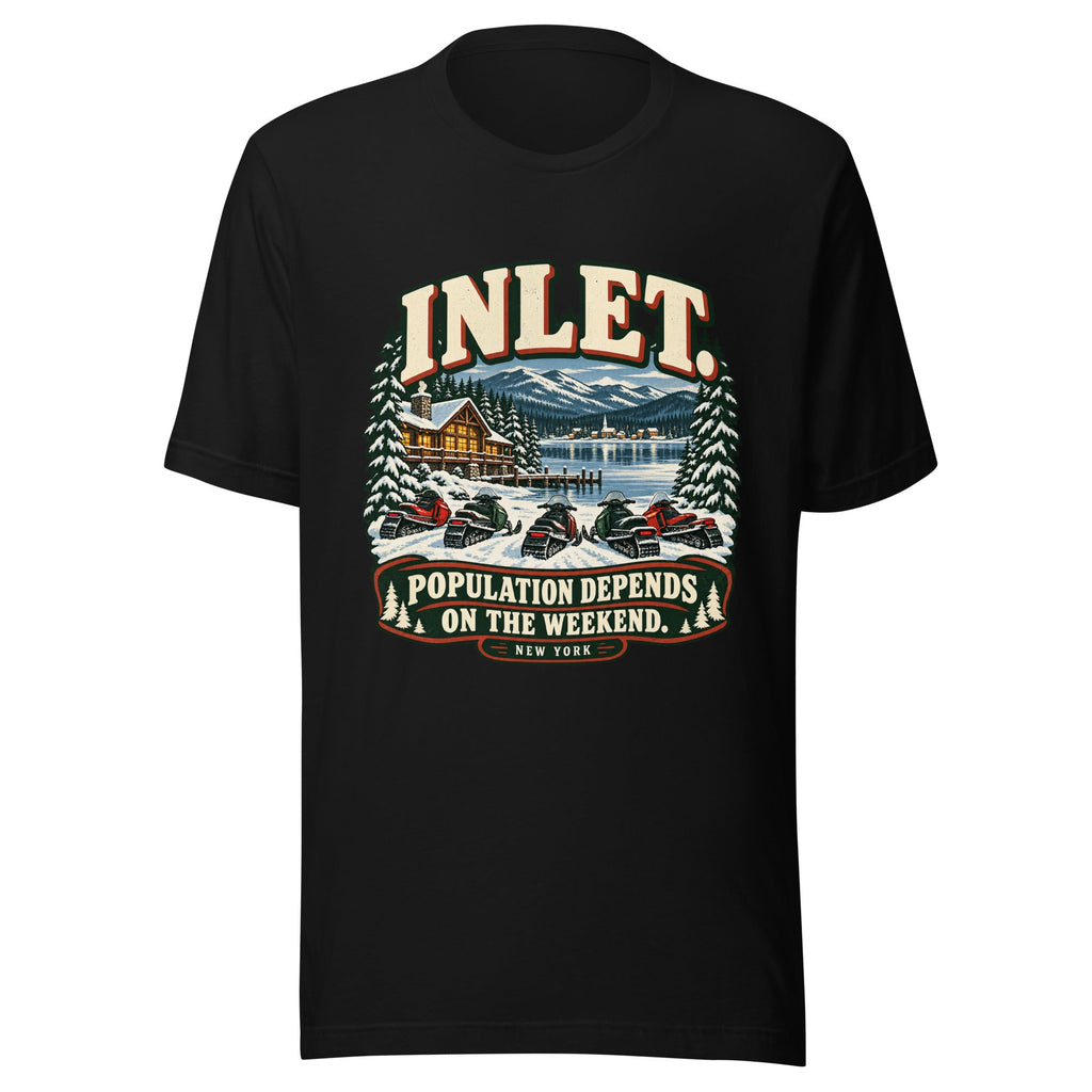 Front of black Inlet Population Depends on the Weekend tee showing the snowmobile design