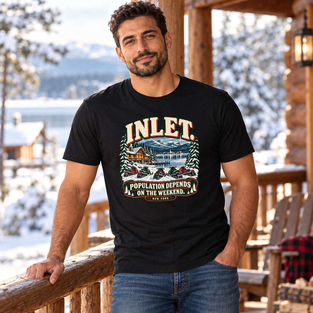 Man with a short beard wearing the Inlet Population Depends on the Weekend snowmobile tee