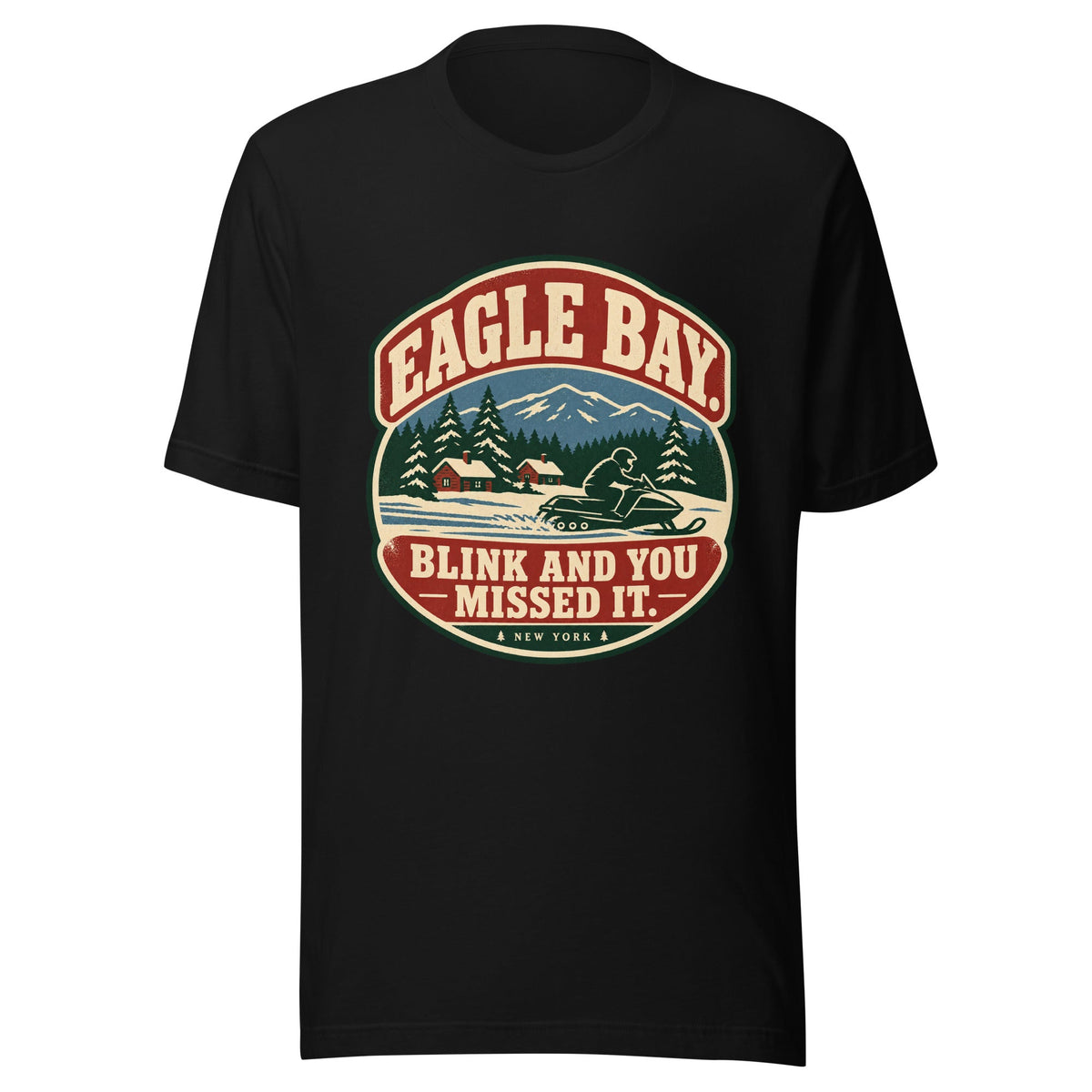Front of black Eagle Bay Blink and You Missed It tee showing snowmobile badge artwork