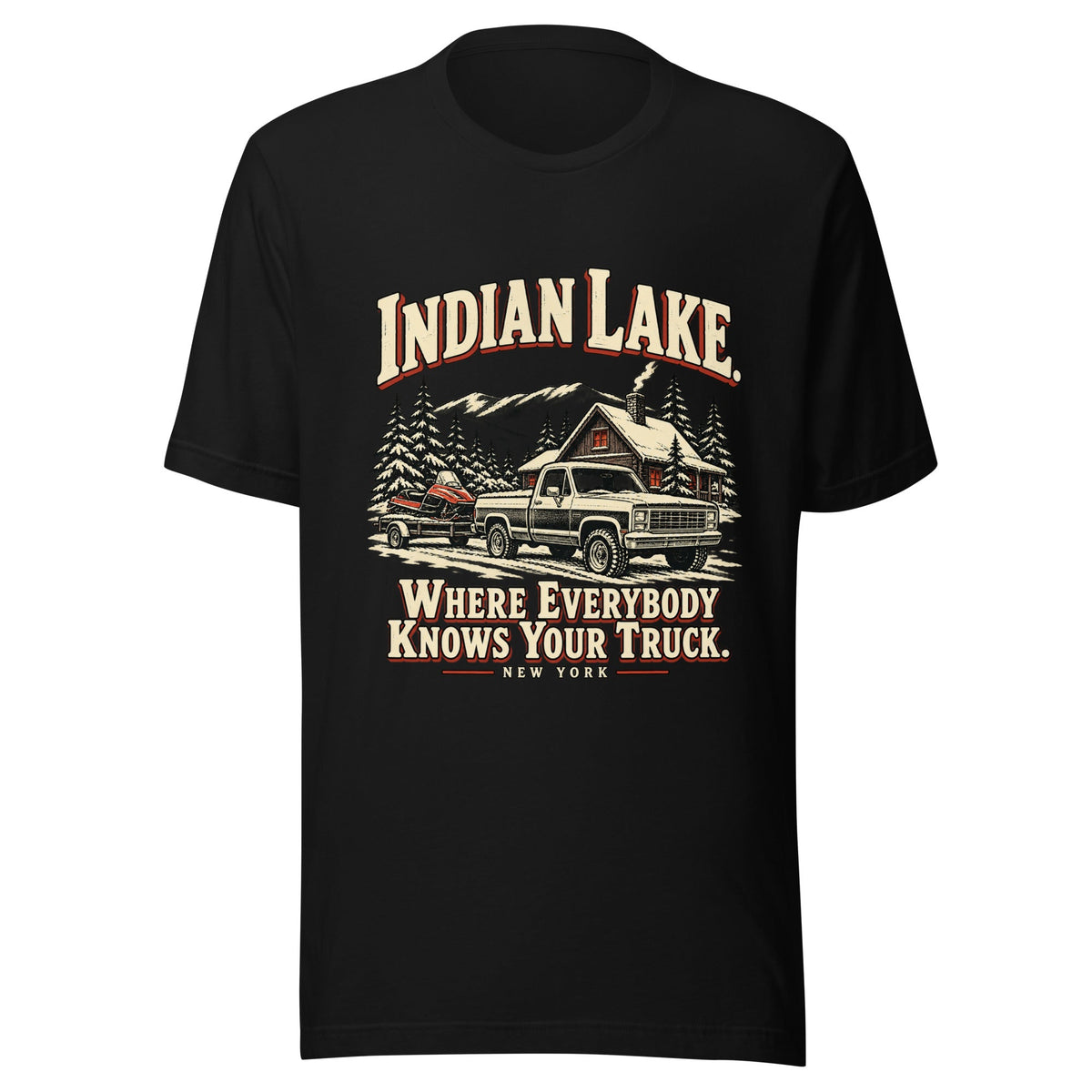 Front of black Indian Lake Where Everybody Knows Your Truck tee showing artwork
