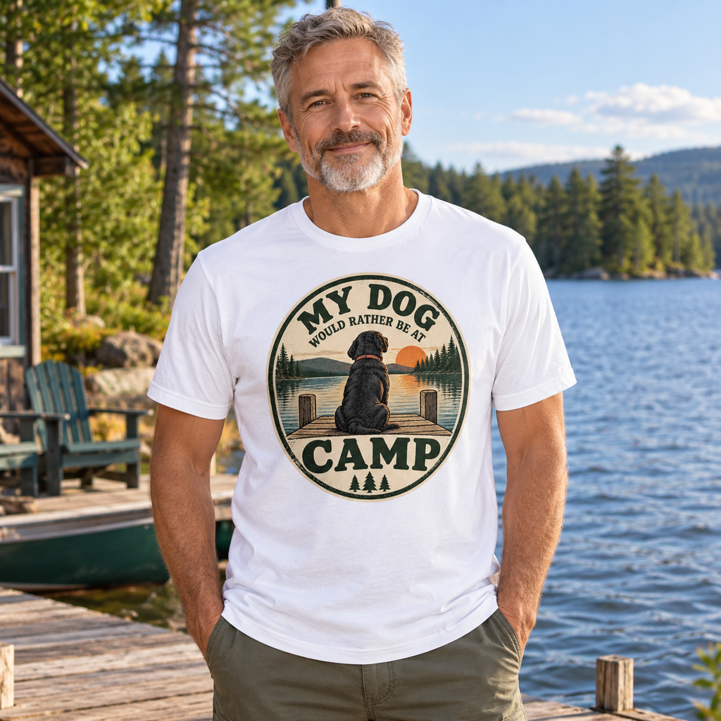 AI-generated lifestyle mockup of a grey-haired man wearing the white My Dog Would Rather Be at Camp tee at a lakeside camp.