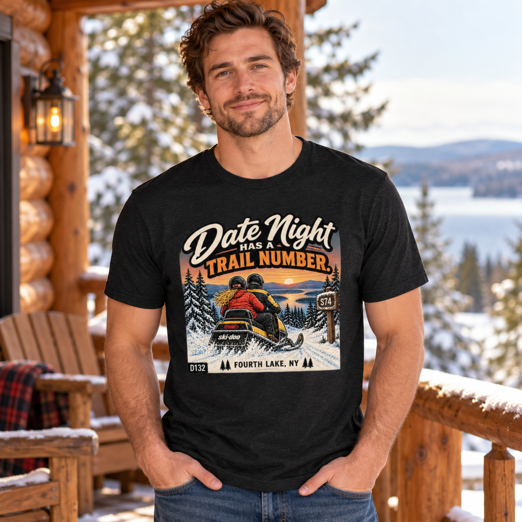 AI-generated lifestyle mockup of a man wearing the black heather Date Night Has a Trail Number snowmobile tee.