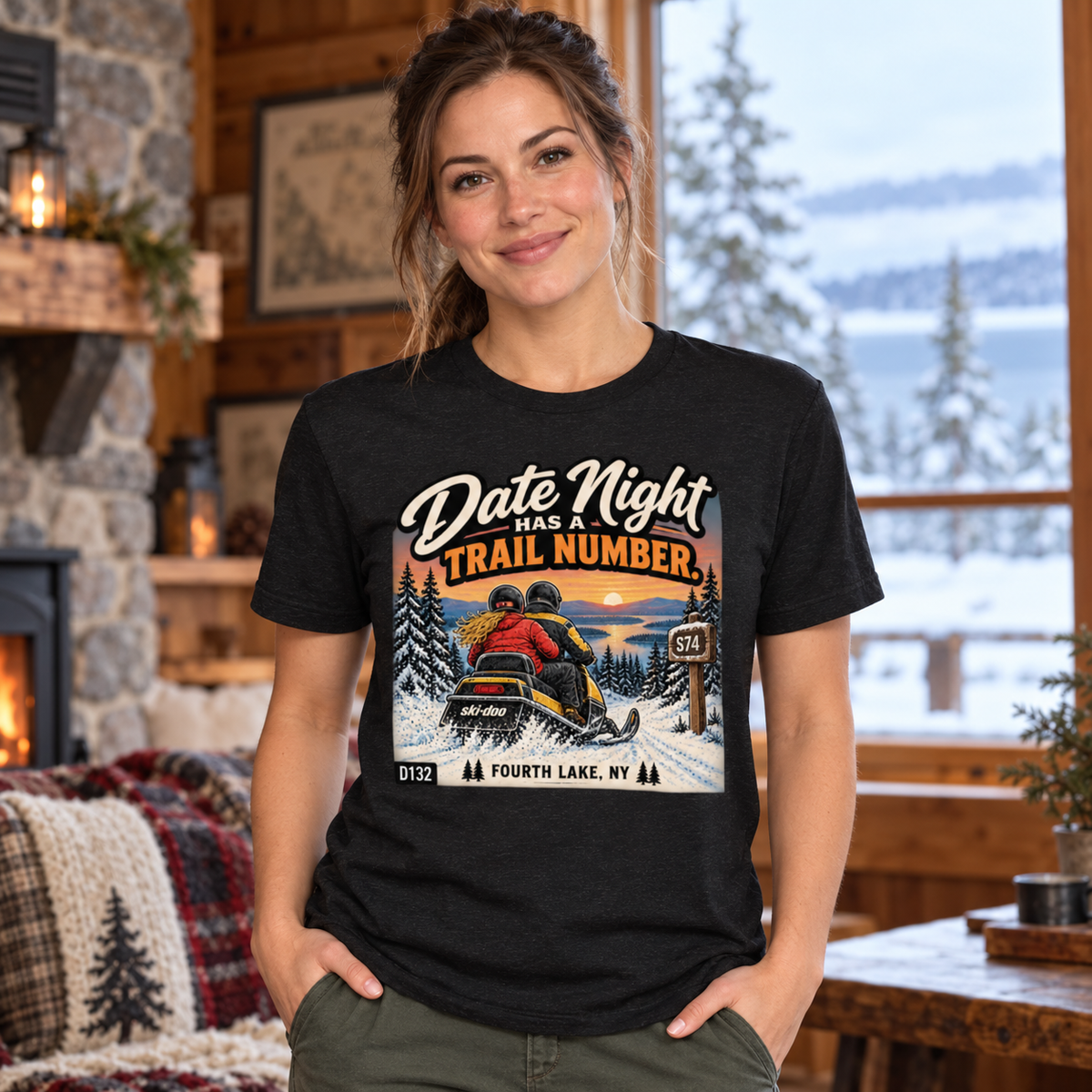 AI-generated lifestyle mockup of a woman wearing the black heather Date Night Has a Trail Number snowmobile tee.