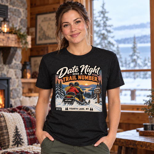 AI-generated lifestyle mockup of a woman wearing the black heather Date Night Has a Trail Number snowmobile tee.