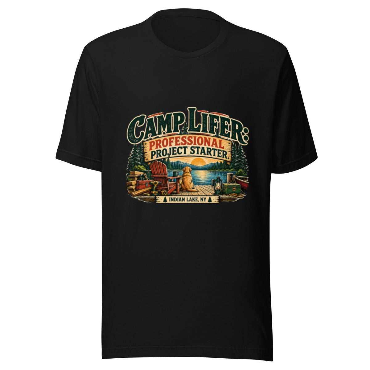 Front of black Camp Lifer Professional Project Starter Indian Lake tee