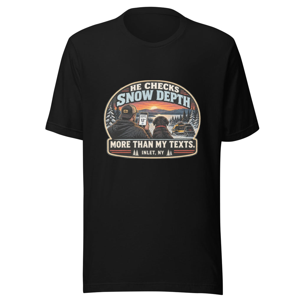 He Checks Snow Depth More Than My Texts — Women’s Snowmobile Tee-shirt — front view of the printed tee