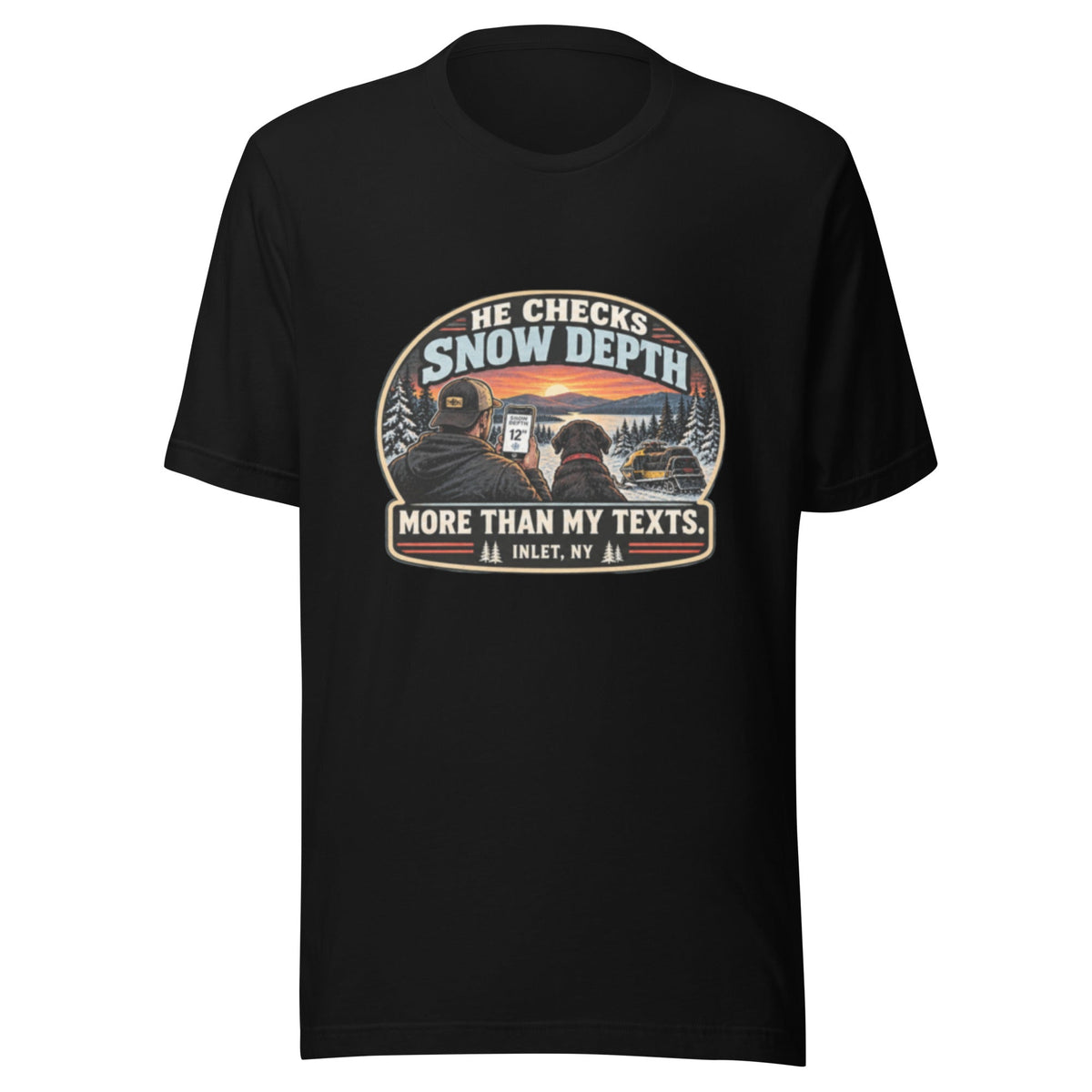 He Checks Snow Depth More Than My Texts — Women’s Snowmobile Tee-shirt — front view of the printed tee