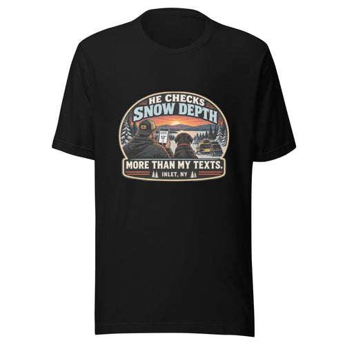 He Checks Snow Depth More Than My Texts — Women’s Snowmobile Tee-shirt — front view of the printed tee